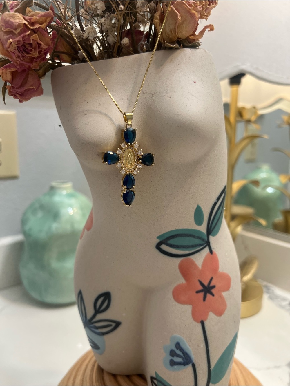 Source Unknown Gold Cross Pendant Necklace with Deep Blue Stones